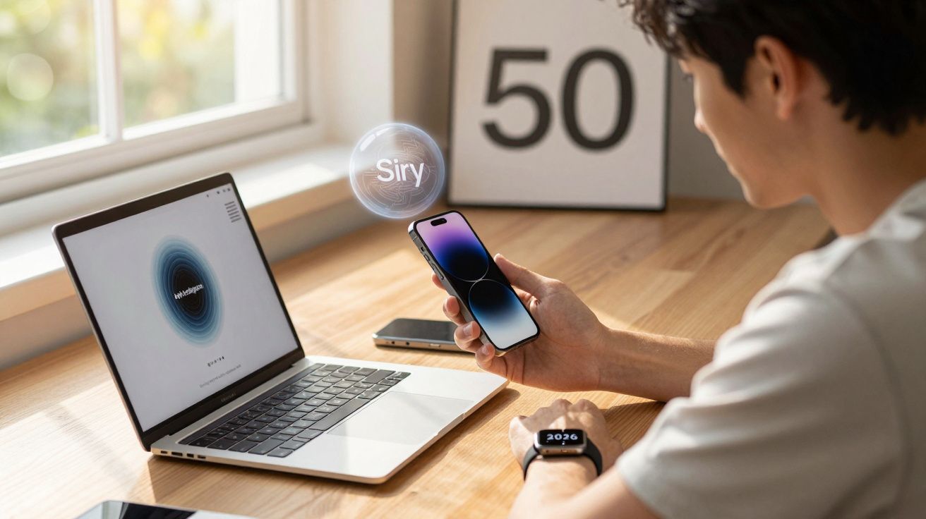 Homem usando smartphone com assistente virtual Siri ativada em mesa com laptop e relógio inteligente.