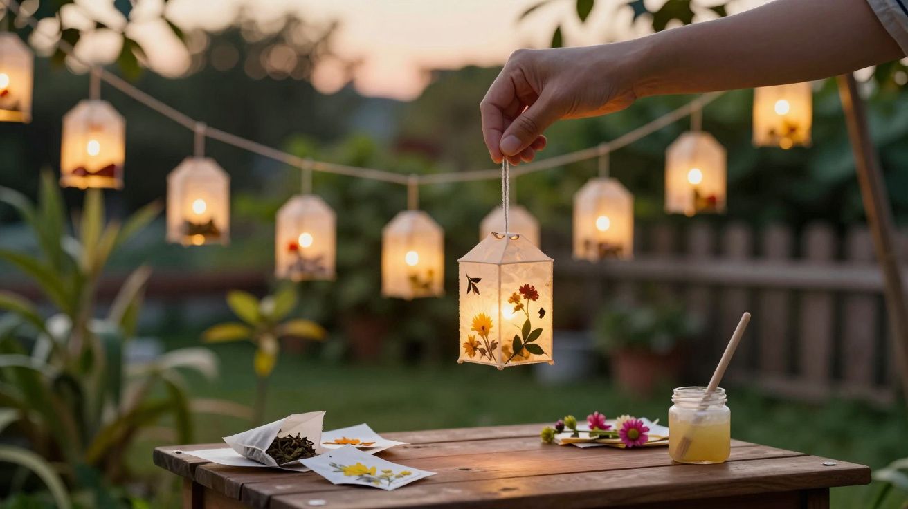 Mão segurando luminária decorativa com flores, luzes penduradas e mesa com materiais de artesanato ao ar livre.