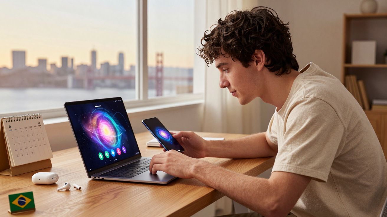 Homem jovem usando laptop e smartphone com imagens de galáxias, sentado em mesa de madeira perto da janela.