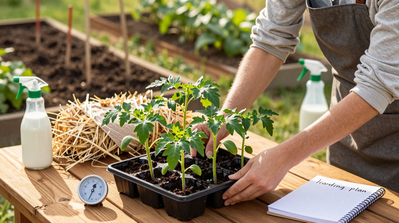 Mãos cuidando de mudas de plantas em bandeja plástica sobre mesa de madeira em horta ao ar livre.