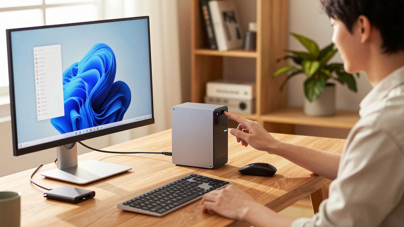 Pessoa acionando botão de computador desktop pequeno em mesa com monitor, teclado e mouse.