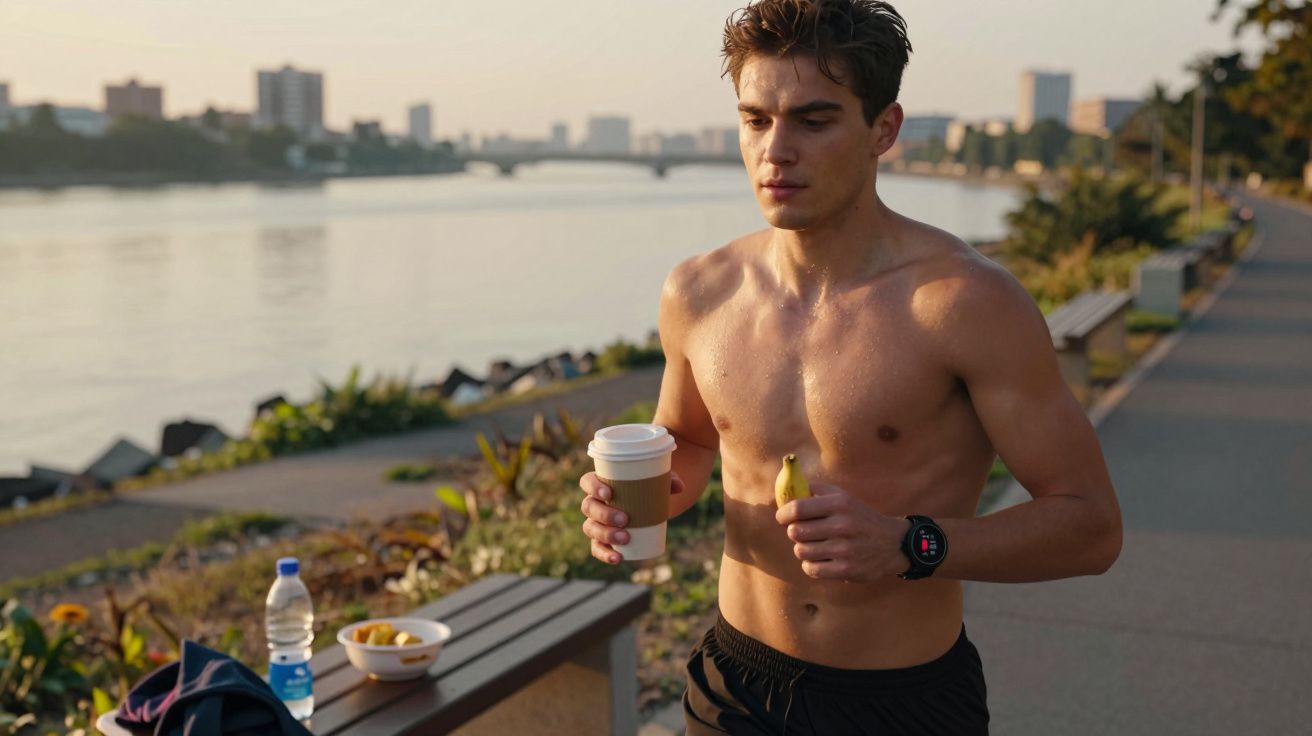 Homem sem camisa correndo ao ar livre próximo a um lago segurando café e banana.