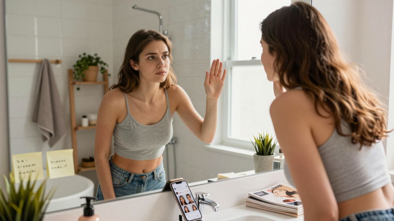 Jovem olhando seu reflexo no espelho do banheiro com expressão pensativa e a mão levantada.
