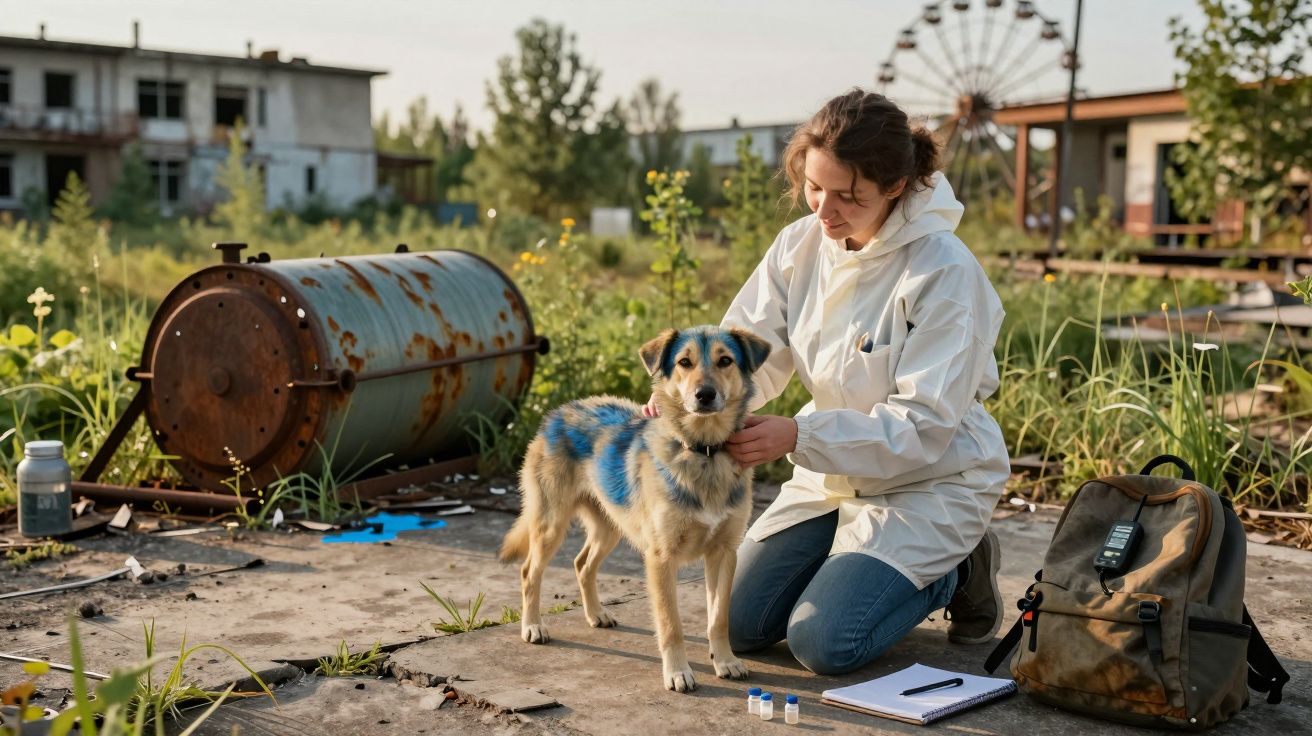 Mulher de jaleco branco agachada acariciando cachorro em área externa abandonada ao entardecer.