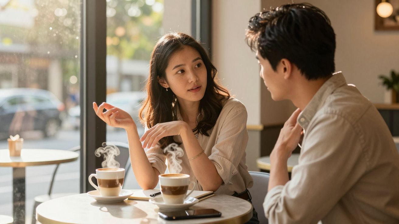 Casal conversa em cafeteria, com duas xícaras de café quente sobre a mesa redonda.
