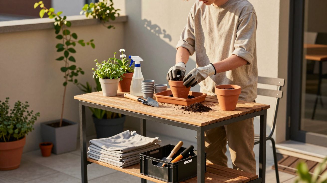 Pessoa plantando mudas em vaso de cerâmica em mesa de trabalho na varanda ensolarada.