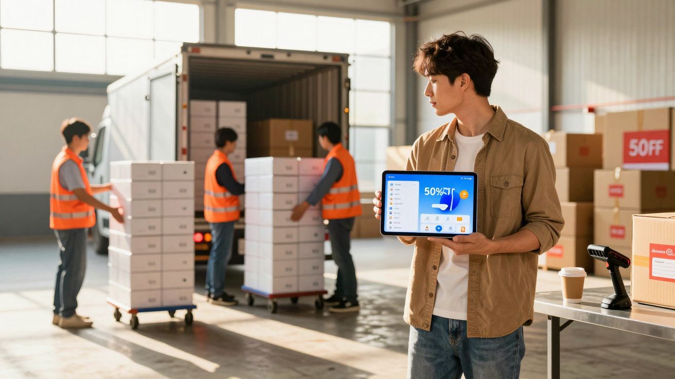 Homem segura tablet com promoção enquanto três trabalhadores movem caixas em depósito iluminado pelo sol.
