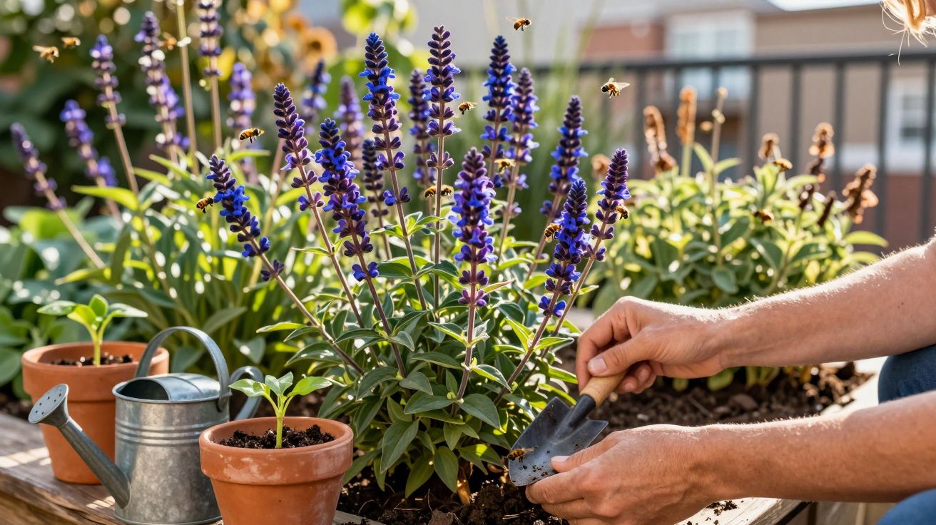 Pessoa cuidando de plantas em vasos com flores roxas, regador ao lado e abelhas voando ao redor.
