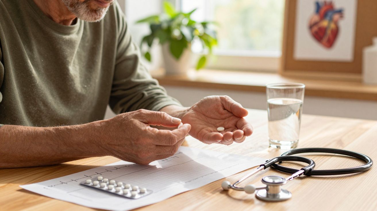 Pessoa idosa segurando comprimido com estetoscópio e copo de água sobre mesa com prontuário médico.