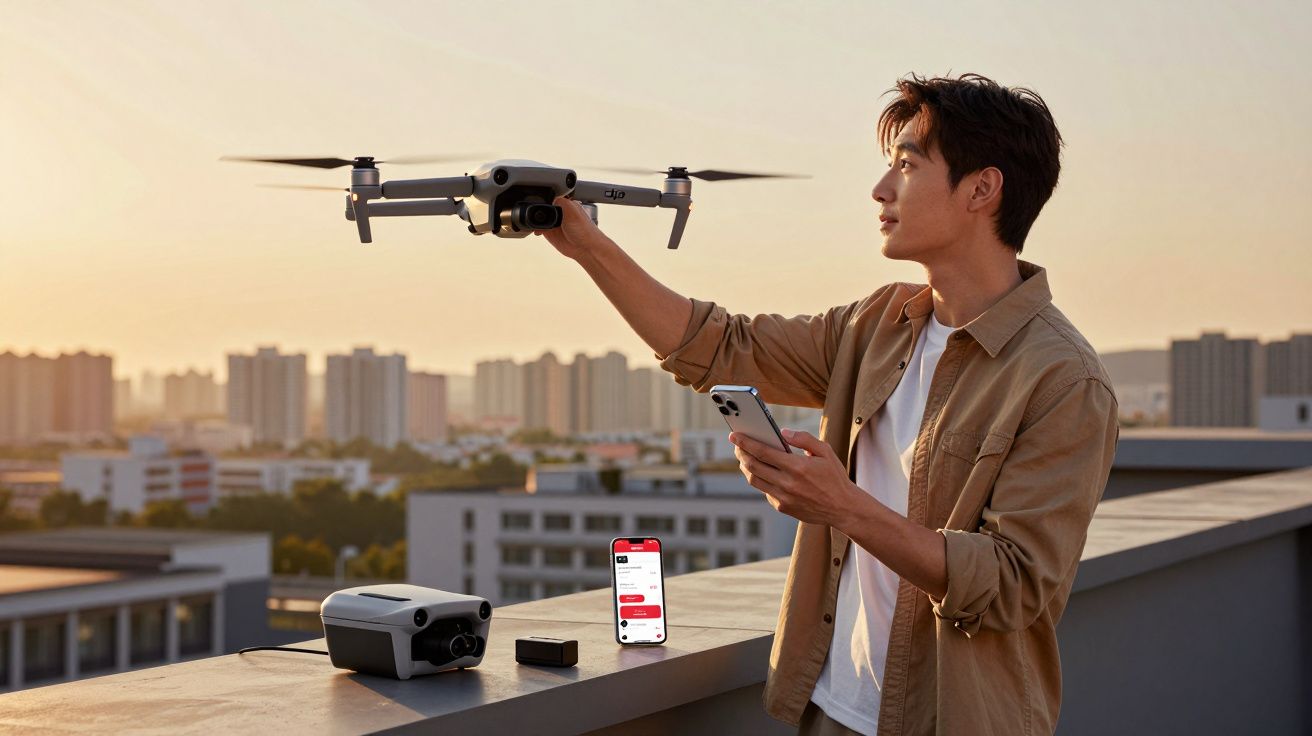 Homem segura drone no braço estendido e controla com celular na mão em terraço ao pôr do sol.