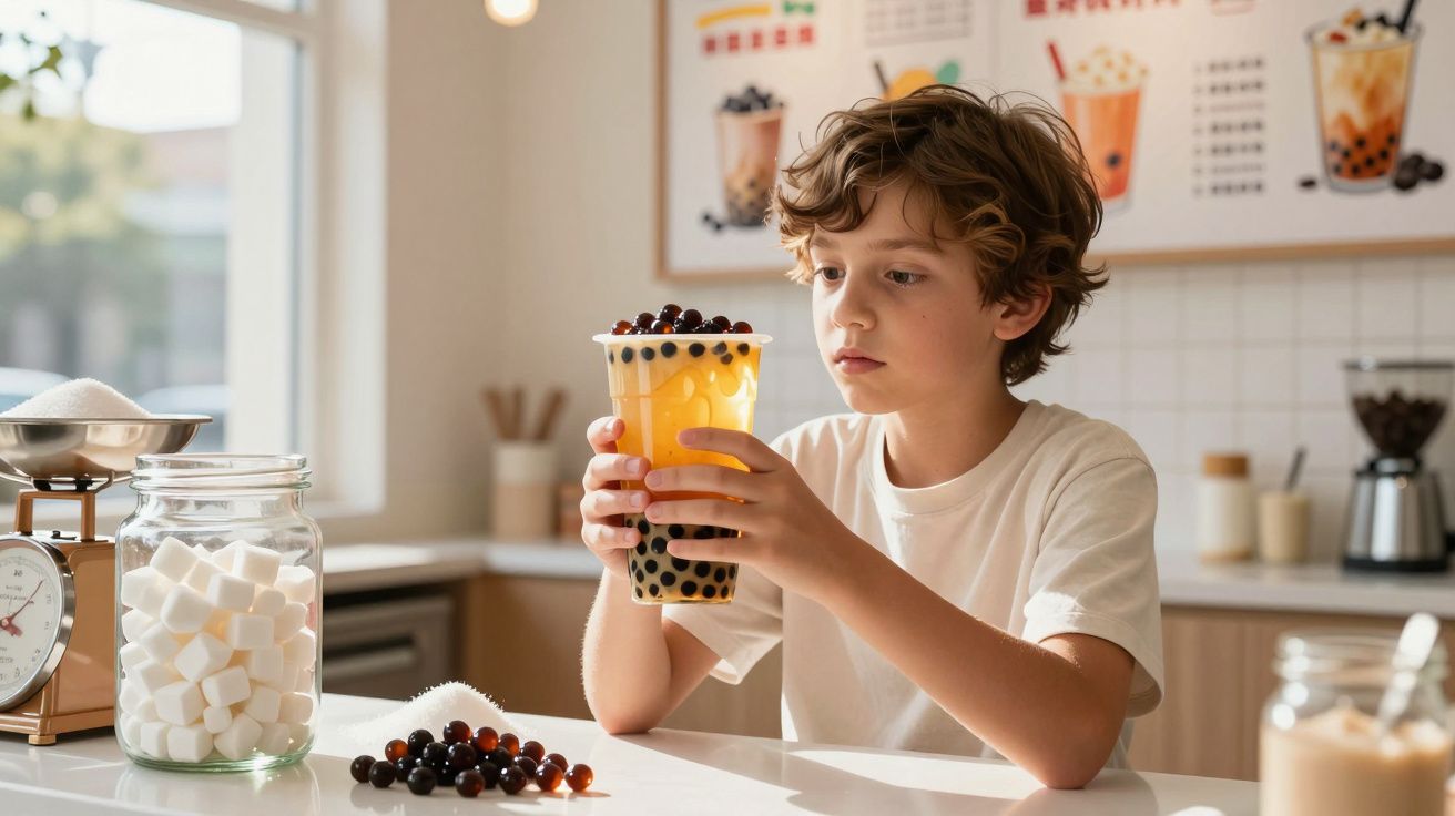 Menino segurando copo de chá com bolhas em cozinha iluminada, com recipiente de cubos de açúcar na mesa.
