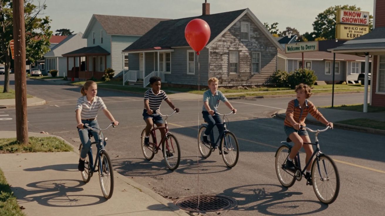 Quatro crianças andando de bicicleta em bairro residencial com balão vermelho preso na bicicleta ao centro.
