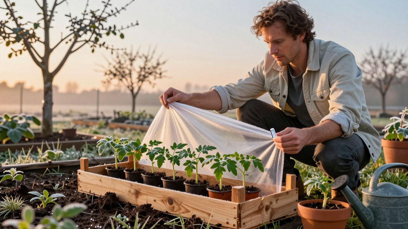 Homem cuidando de plantas jovens em vasos dentro de uma estufa improvisada em área de cultivo.