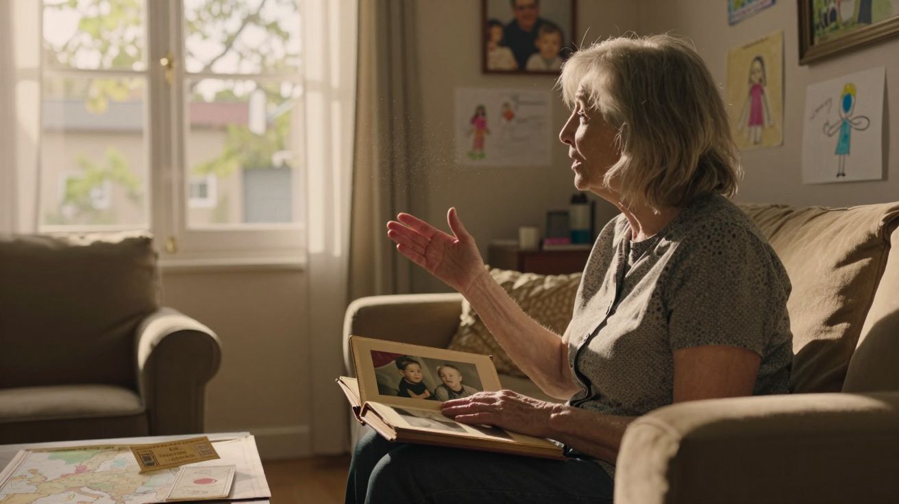 Mulher idosa sentada no sofá olhando fotos em um álbum em uma sala iluminada pela janela.