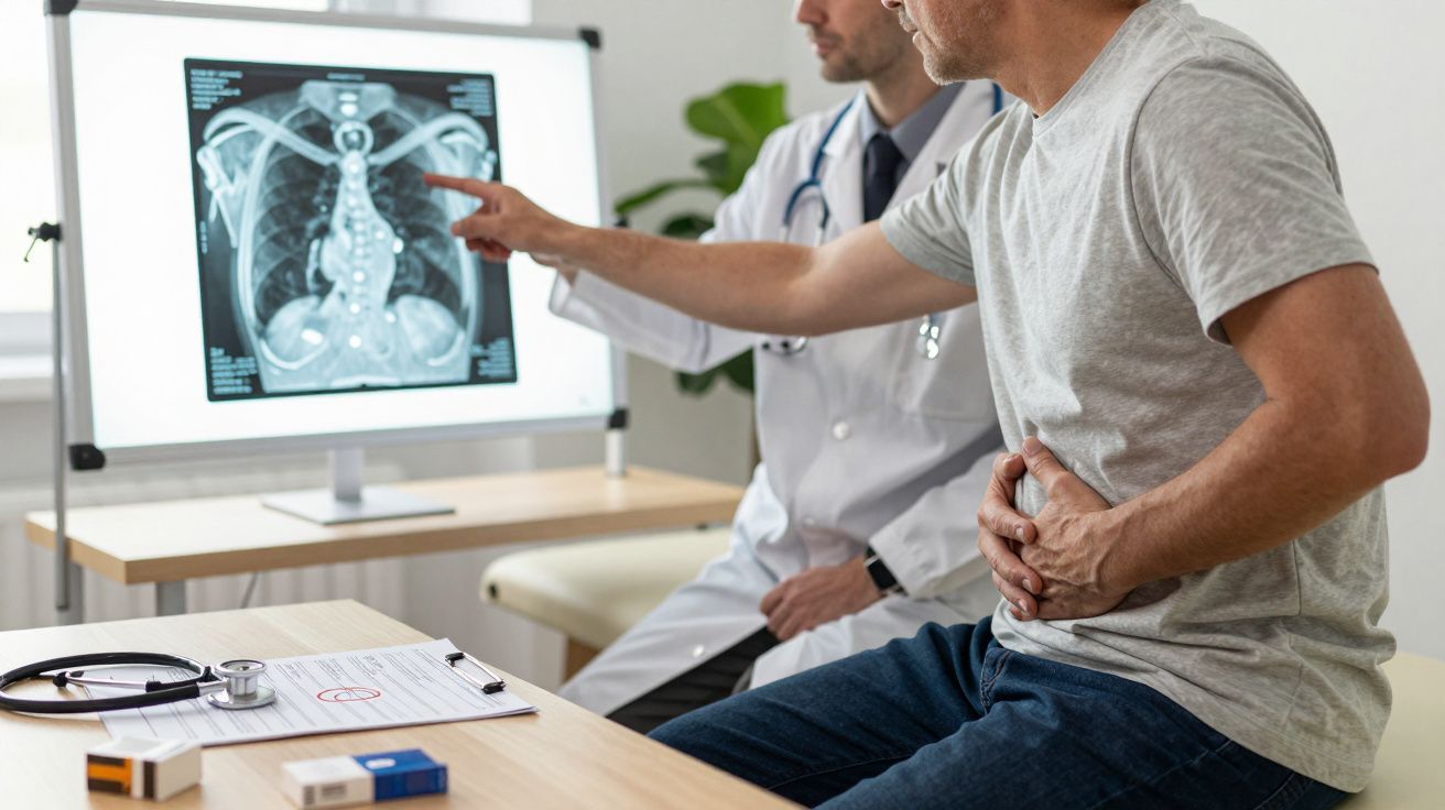 Homem com dor abdominal consulta médico que analisa raio-x da pelve e coluna em consultório.