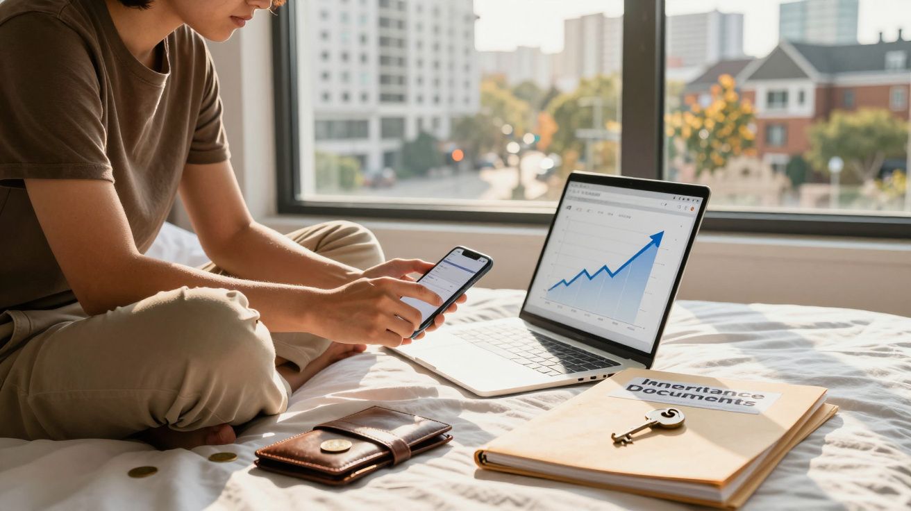 Pessoa sentada na cama mexendo no celular, com notebook mostrando gráfico e documentos financeiros.