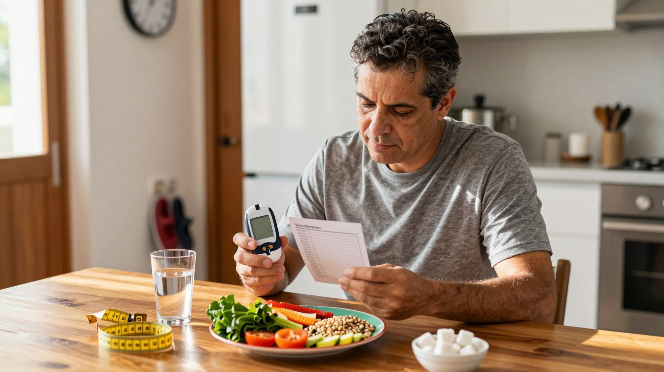 Homem avaliando resultados de glicemia em medidor, com comida saudável e fita métrica na mesa da cozinha.
