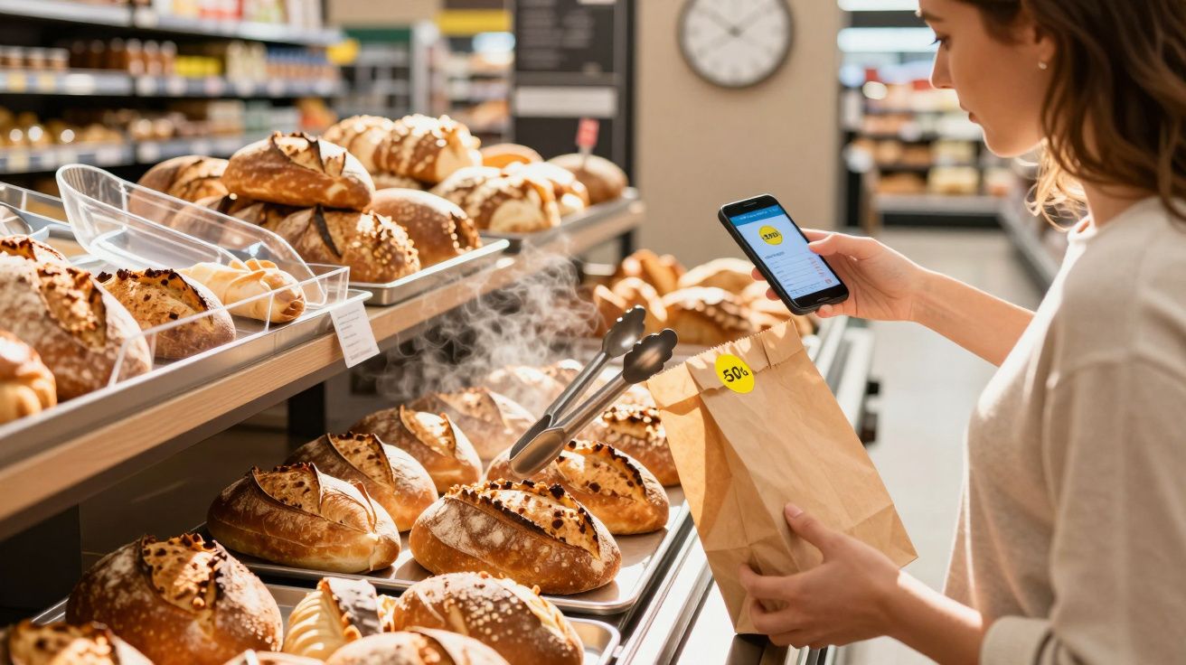 Mulher faz pedido pelo celular ao embalar pães frescos em padaria com desconto de 50%.