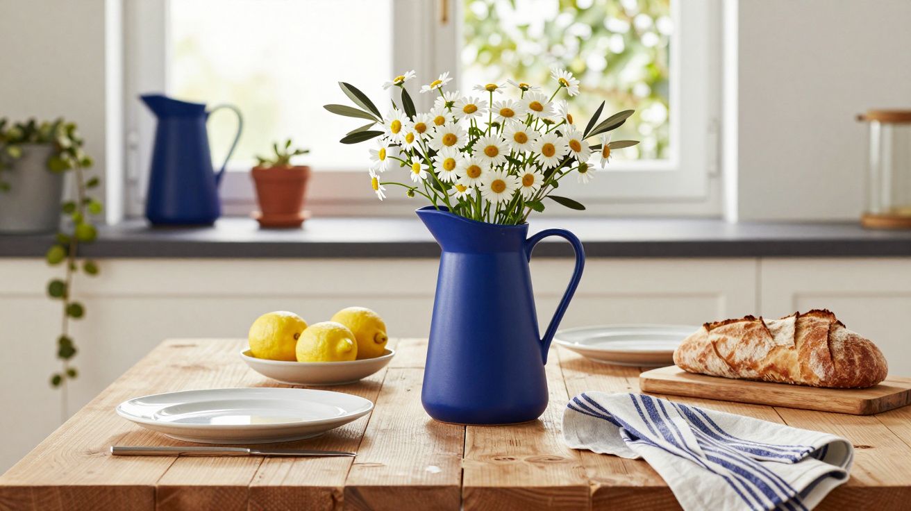 Mesa de madeira rústica com jarro azul e flores, pão, limões, pratos e pano listrado, janela ao fundo.