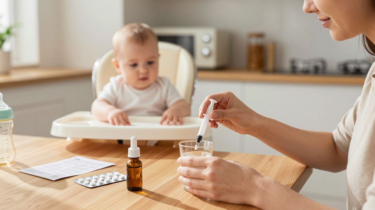 Bebê na cadeirinha enquanto adulto prepara remédio com seringa e vidro de gotas na mesa.