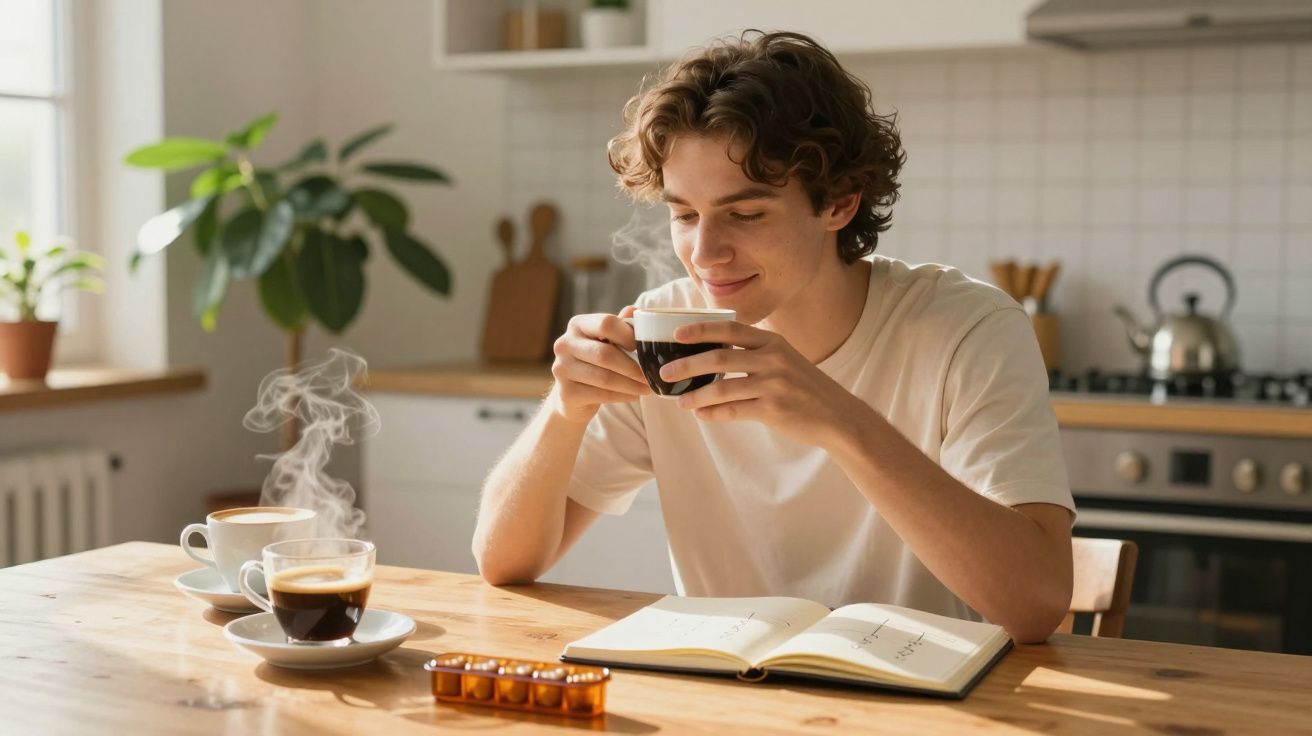 Jovem sentado à mesa da cozinha, sorrindo e segurando uma xícara de café fumegante, com livro aberto à sua frente.