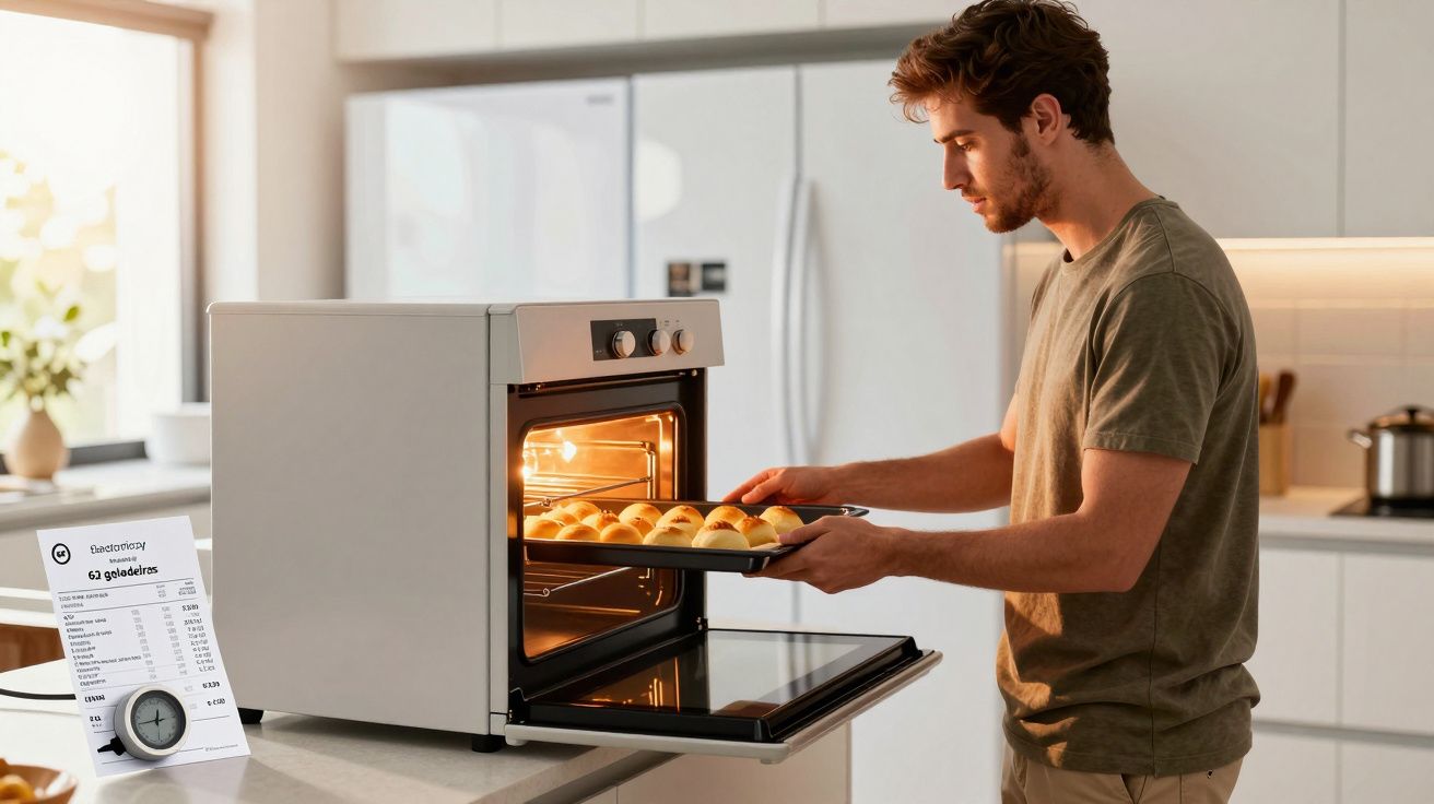Homem tirando forma com pães quentes de um forno elétrico em cozinha moderna e iluminada.