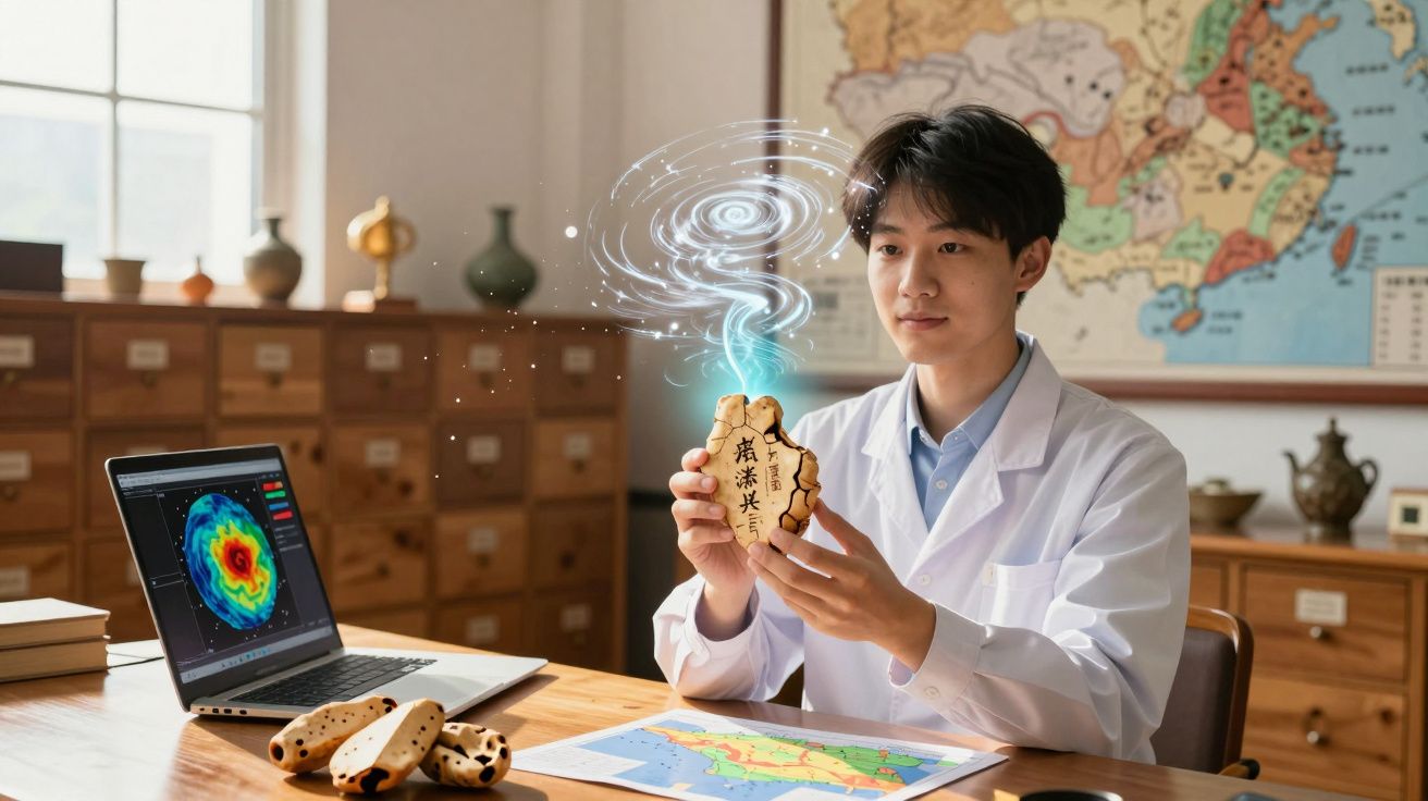 Jovem estudando mapa e segurando objeto com energia digital em sala de aula com laptop aberto.