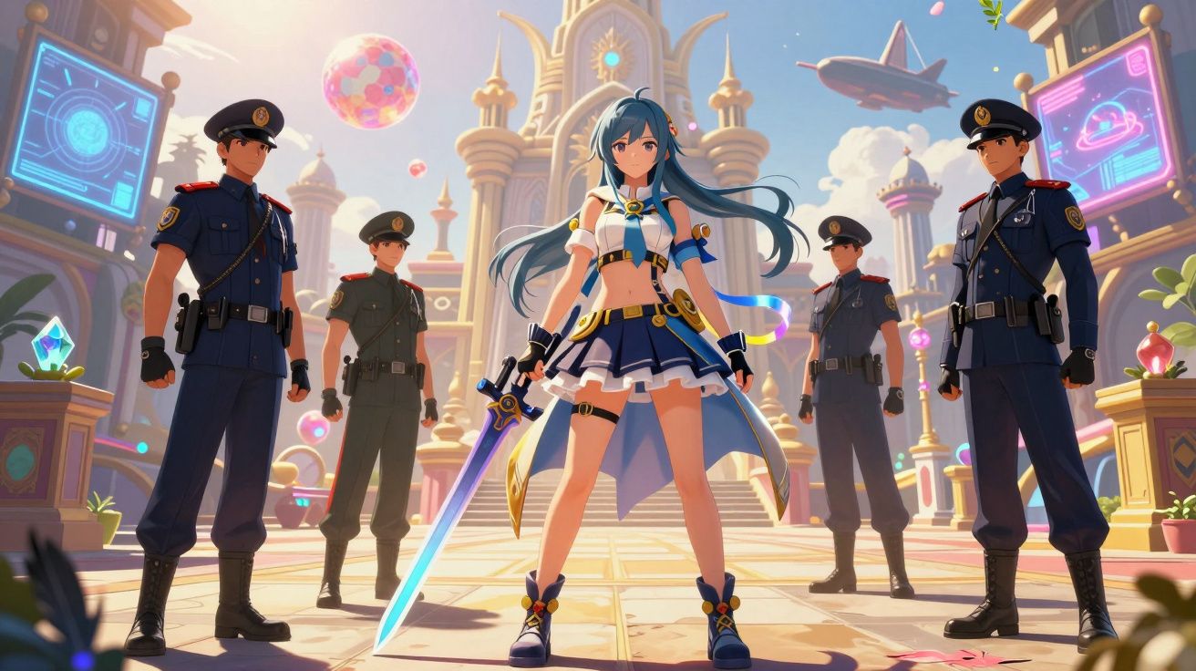 Personagem anime com espada em frente a quatro policiais em cenário futurista iluminado.