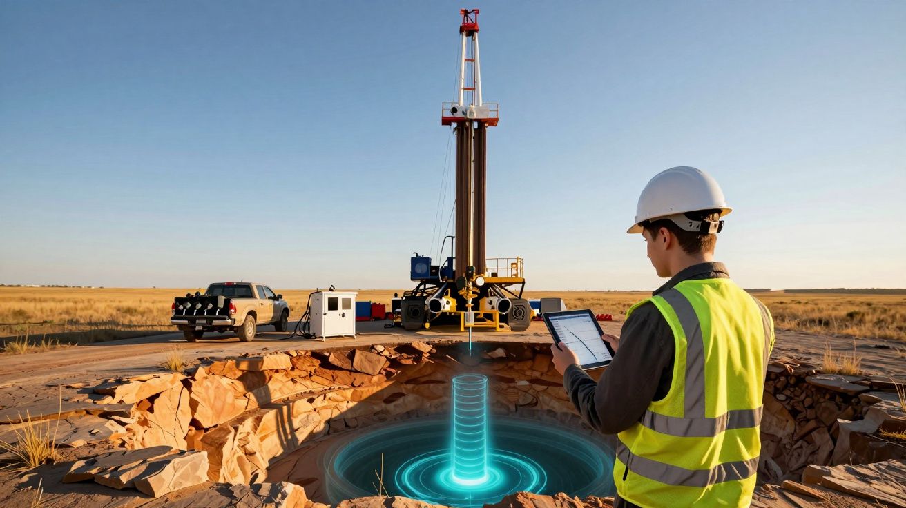 Engenheiro com capacete e colete analisa dados perto de poço de extração em área rural seca.