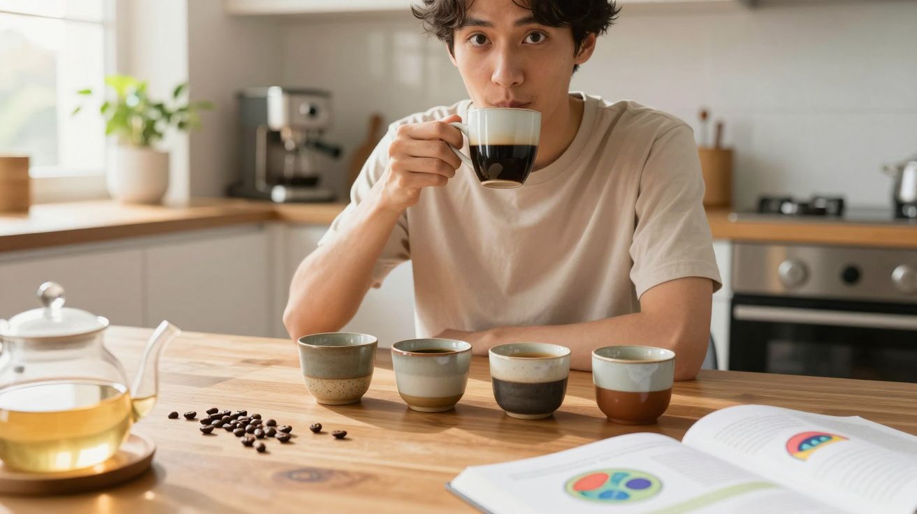 Jovem sentado à mesa na cozinha degustando café em xícara, com quatro xícaras e café em grãos à sua frente.