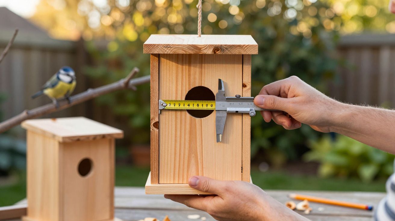 Pessoa medindo a abertura de uma casinha de pássaro de madeira com um paquímetro em ambiente externo.