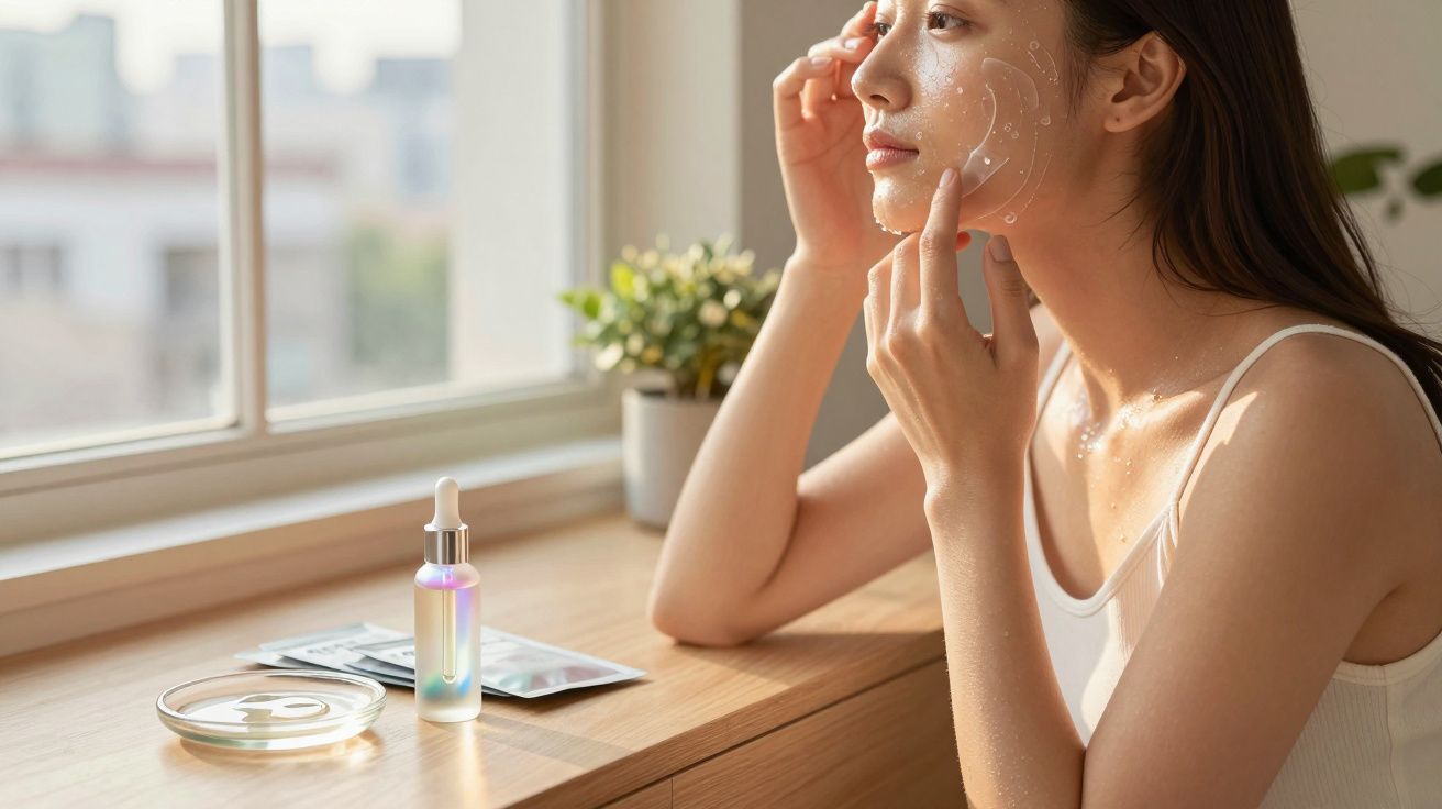 Mulher aplicando sérum facial com luz natural, mesa com frasco e sachês ao lado, planta ao fundo.