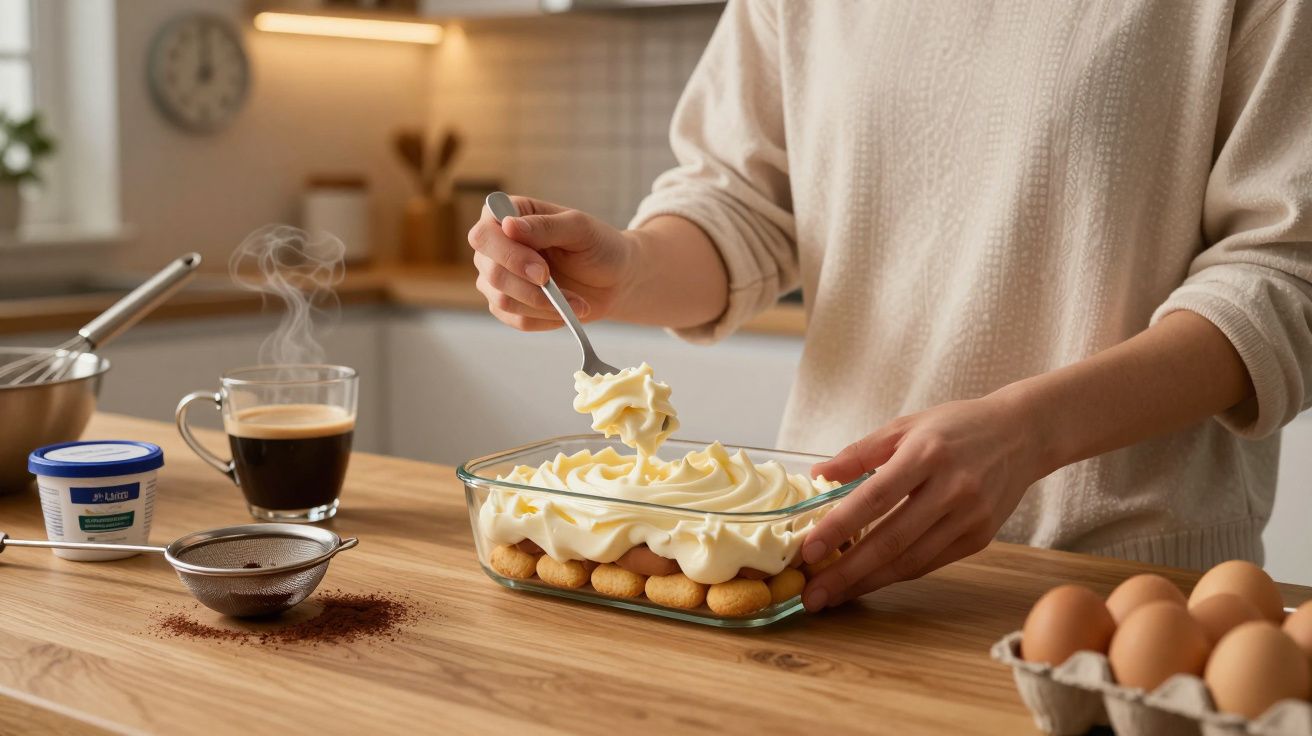 Mãos decorando sobremesa cremosa em recipiente com biscoitos, ao lado café, ovos e ingredientes na bancada da cozinha.