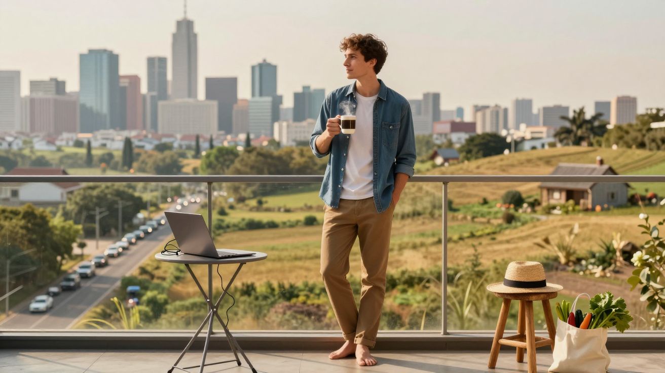 Jovem de pé em varanda com xícara de café, laptop em mesa pequena, sacada com vista para cidade e área verde.