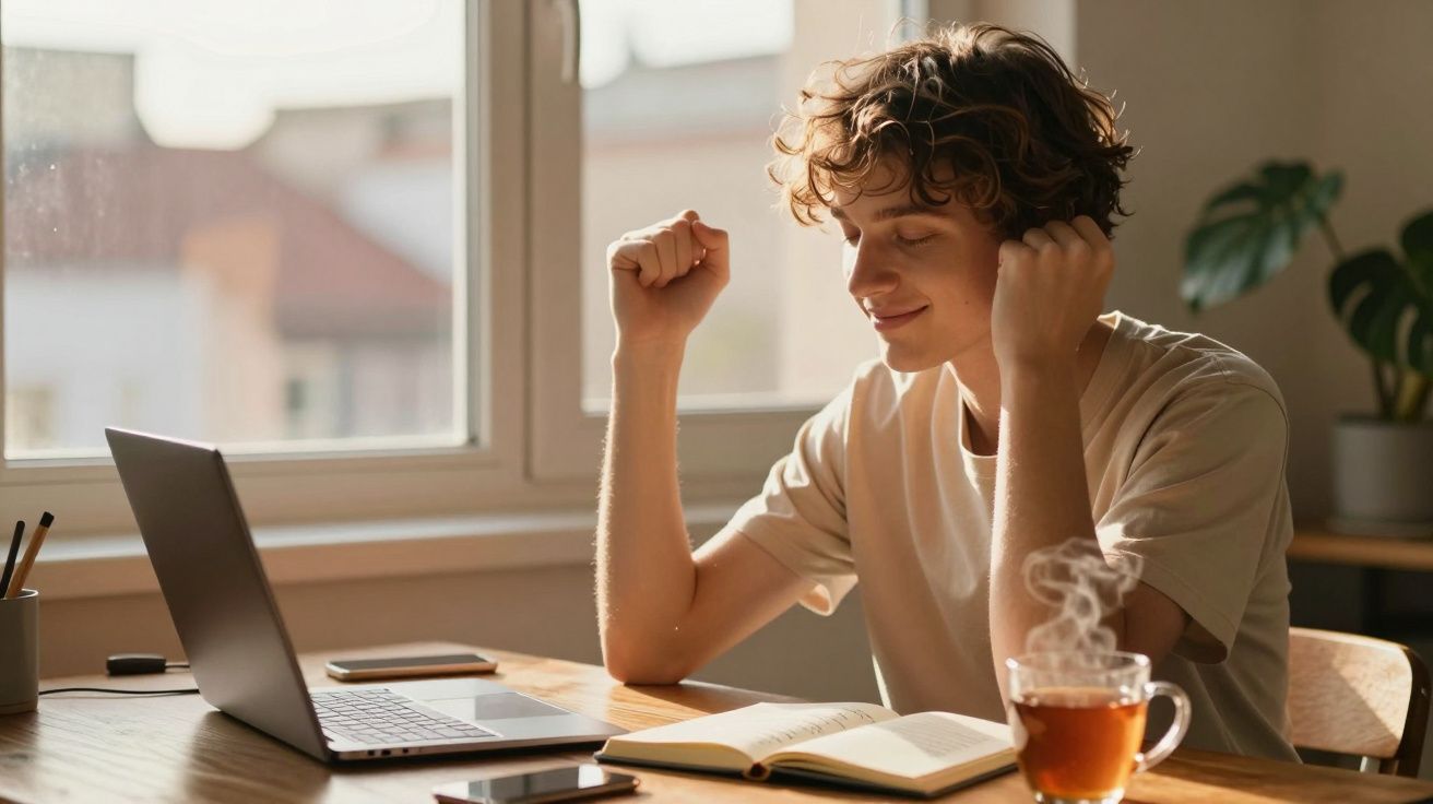 Jovem comemorando sucesso enquanto estuda com laptop, livro aberto e xícara de chá quente na mesa.