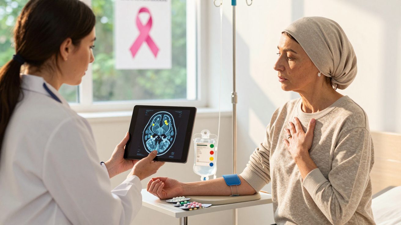 Médica mostra exame cerebral para paciente em tratamento oncológico com lenço na cabeça.