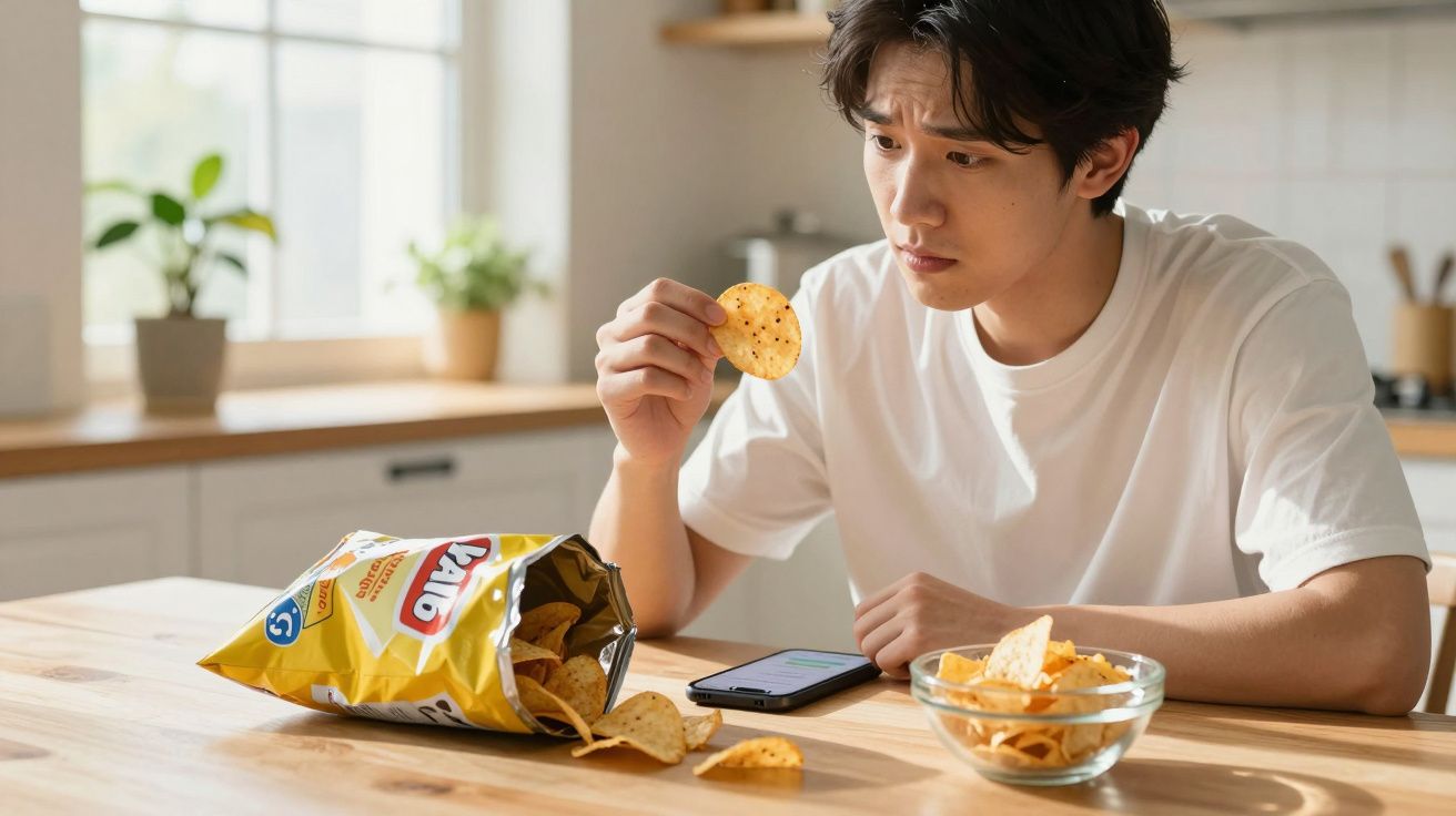 Jovem olhando preocupado para um salgadinho redondo na cozinha, com pacote aberto e celular na mesa.