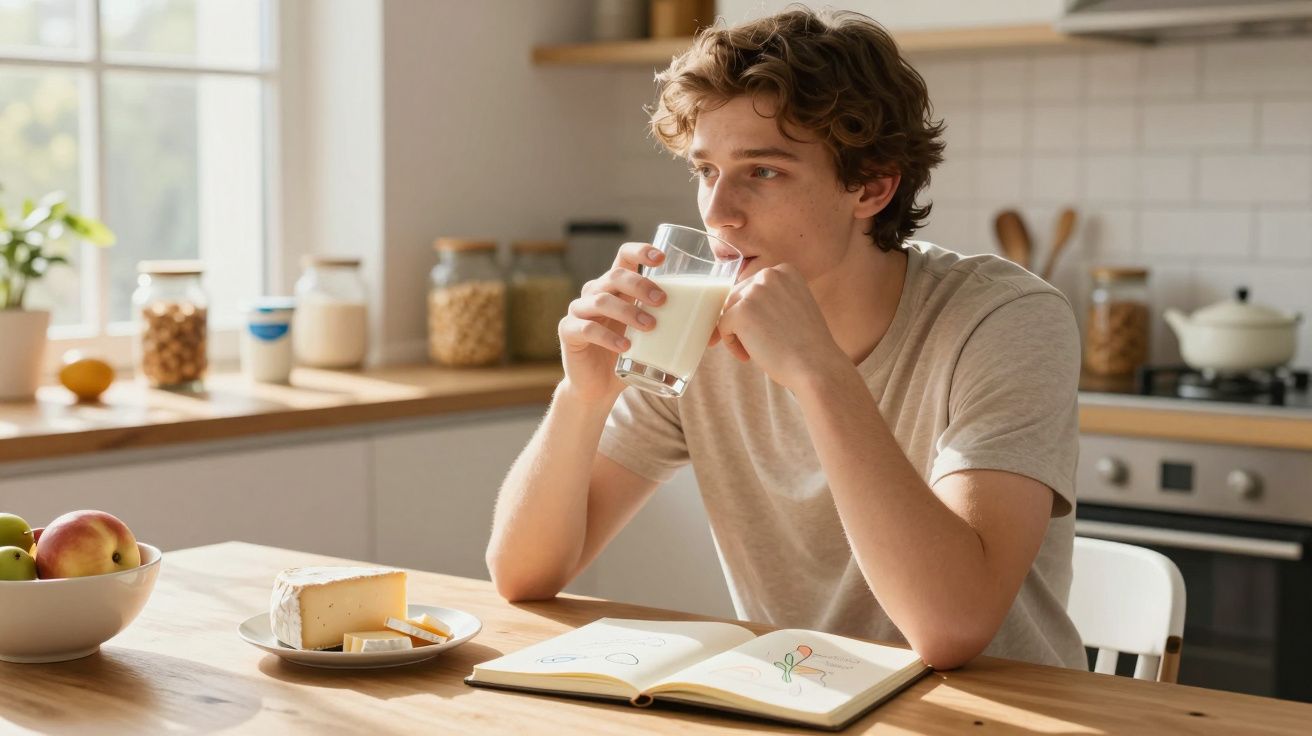 Jovem sentado na cozinha bebendo leite, com livro aberto e comida na mesa iluminada pela luz natural.
