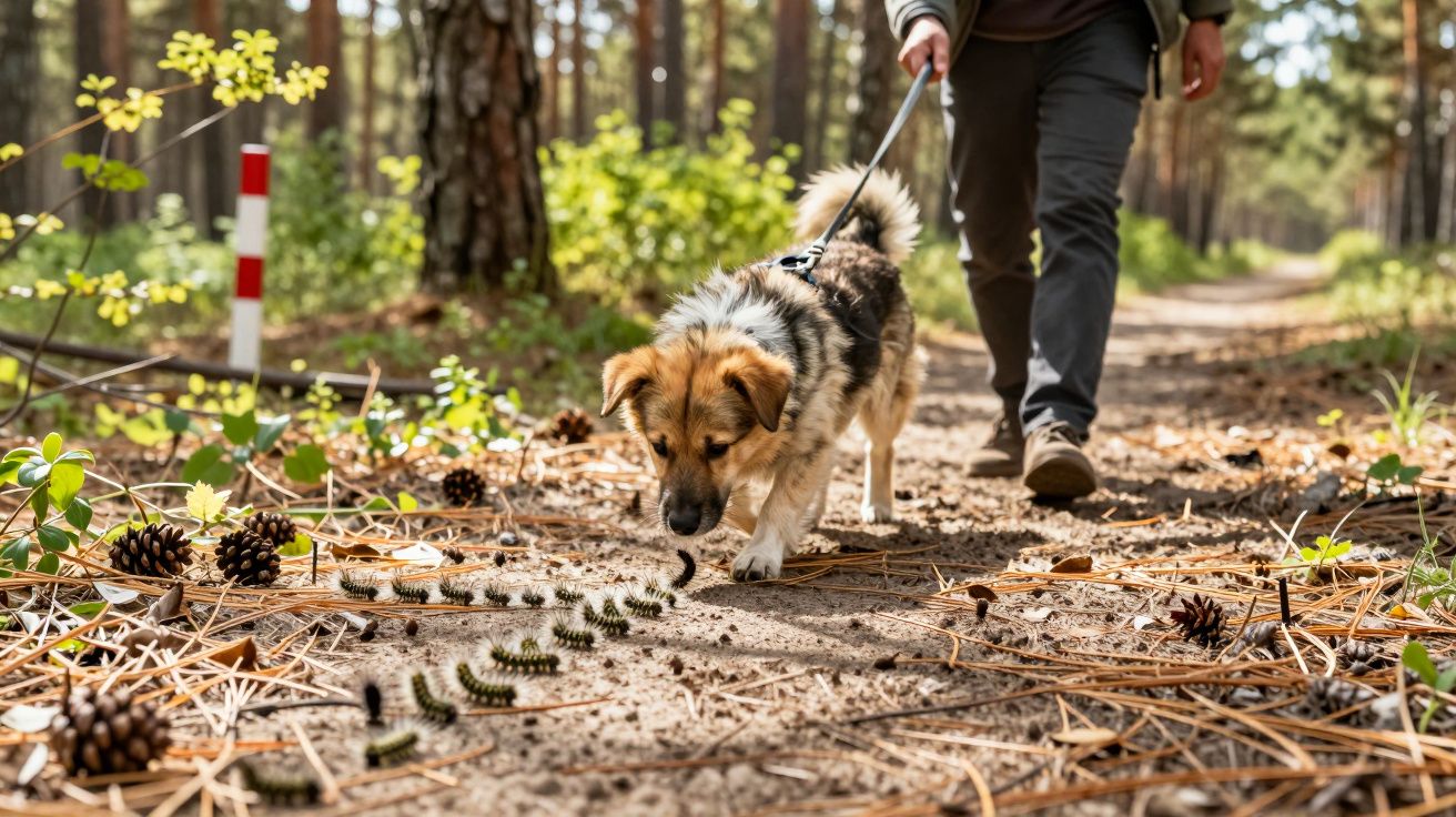 Cachorro farejando lagartas em trilha de floresta enquanto recebe caminhada na coleira.