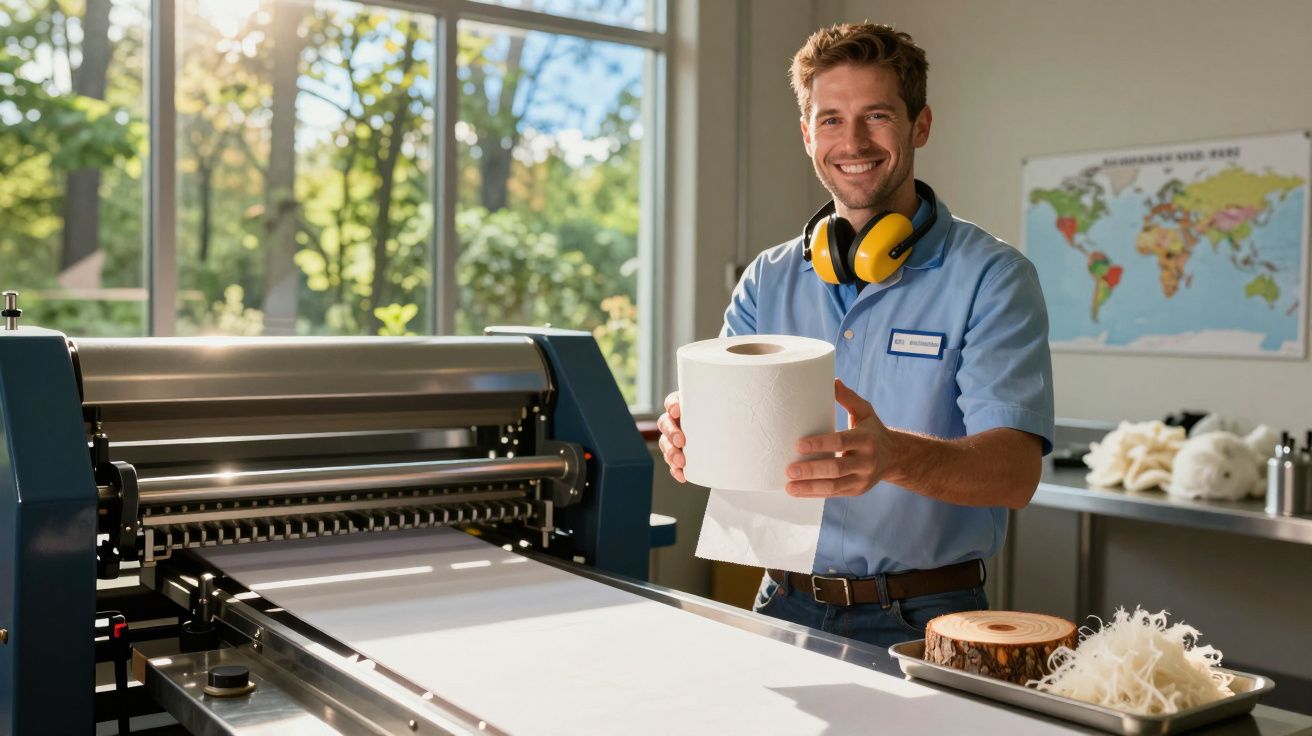 Homem sorridente com protetor de ouvido ao redor do pescoço segura um rolo de papel em fábrica iluminada.