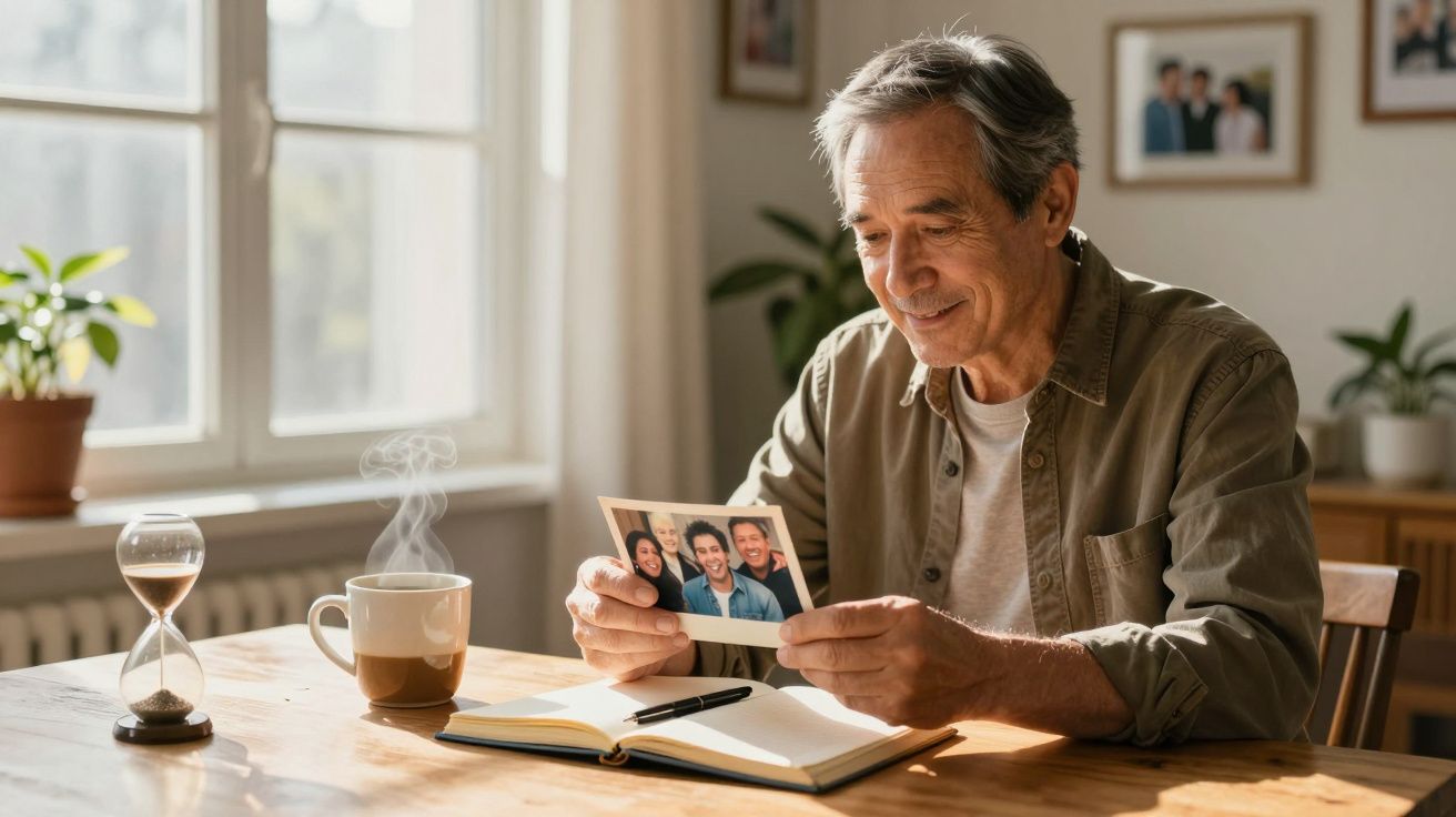 Homem idoso sorrindo ao olhar foto de família sentado à mesa com café e livro aberto em ambiente iluminado.