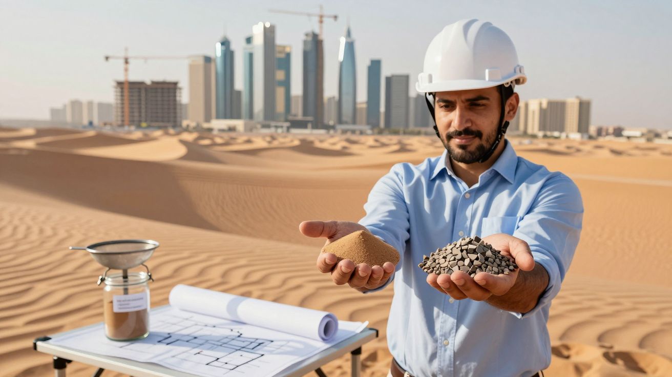 Engenheiro com capacete segurando areia e cascalho em área desértica com plantas ao fundo.