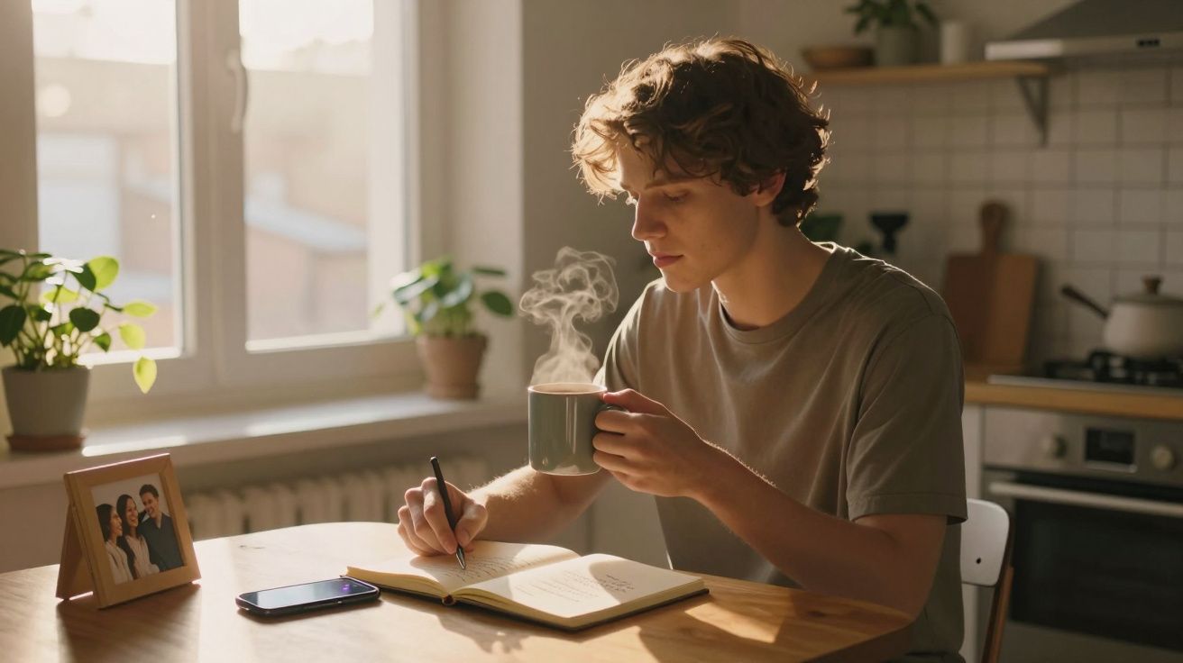 Jovem sentado à mesa escrevendo em caderno e segurando caneca quente em cozinha iluminada pela luz do dia.