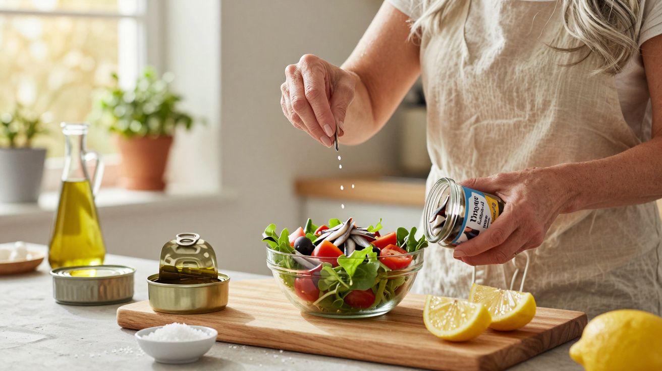 Pessoa temperando salada com legumes e folhas em tigela de vidro na cozinha iluminada.