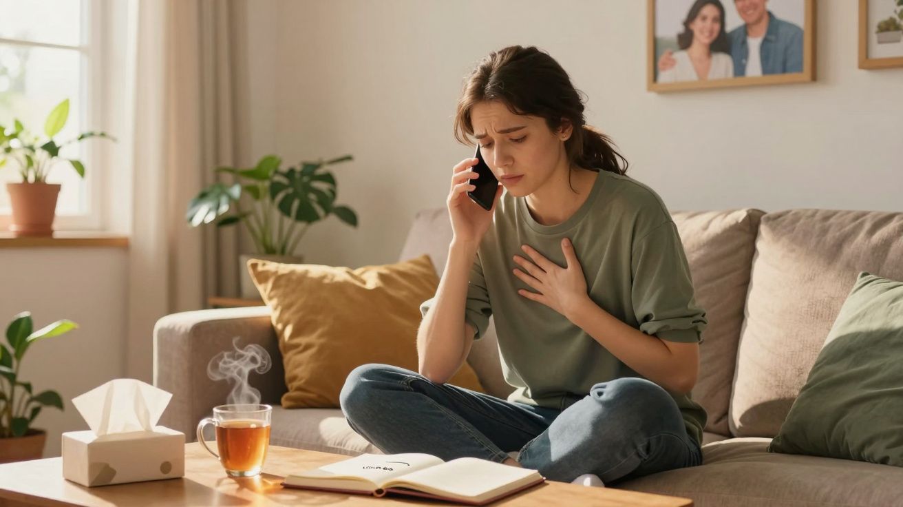 Mulher sentada no sofá com expressão de dor, segurando o peito e falando ao celular.