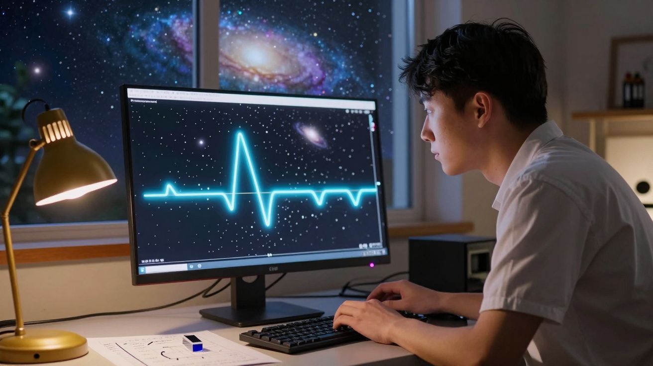 Pessoa observando no computador gráfico de batimentos cardíacos com fundo de estrelas e galáxias pela janela.