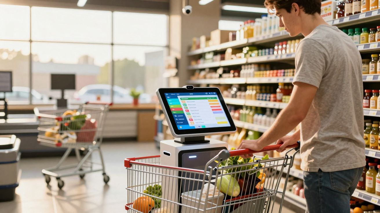 Homem usando caixa de autoatendimento em supermercado com carrinho cheio de compras diversas.