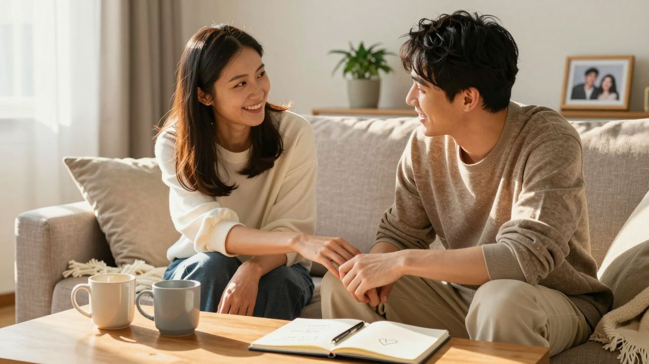 Casal jovem sorrindo e conversando sentado no sofá com cadernos e canecas sobre a mesa.