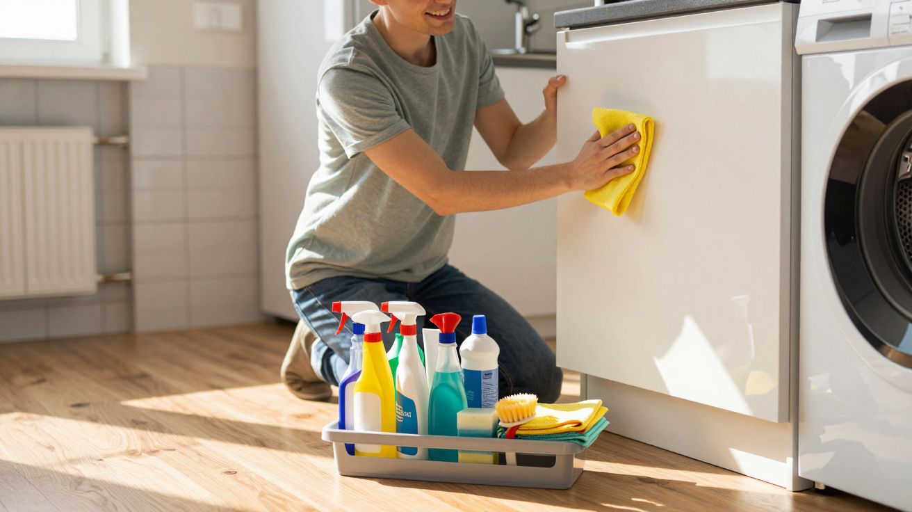 Pessoa limpando eletrodoméstico com pano amarelo e produtos de limpeza no chão de madeira.