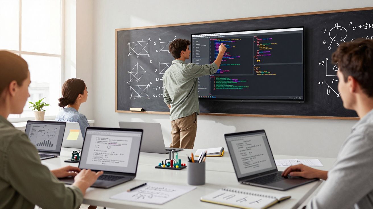 Sala de aula com estudantes usando laptops enquanto professor explica códigos e fórmulas em quadro digital e negro.